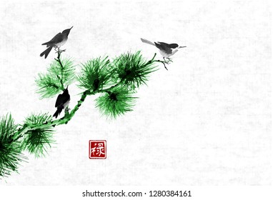 Birds on pine tree branch êêê. Traditional oriental ink painting sumi-e, u-sin, go-hua on rice paper background.  Hieroglyph - well-being.