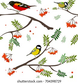 Birds on rowen seamless pattern