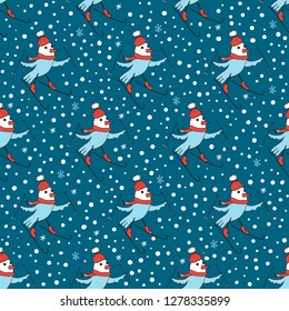 Birds on skates. Seamless pattern drawn by hand. Cute characters in cartoon style. Dark background and snow.