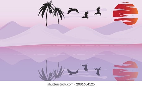 Birds on sky at the sunset time and mountains and water reflection beautiful landscape nature background vector illustration.