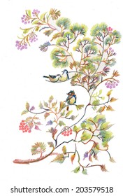 Birds on Spring tree twigs illustration vector