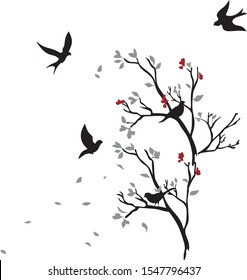 Birds on spring twig with flowers - Vector