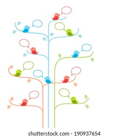 Birds on stylized trees with talking bubbles. Social network concept