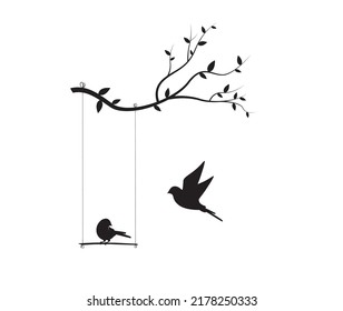 Aves al balancear sobre una rama aisladas en fondo blanco, ilustración. Pareja de pájaros en un columpio. Siluetas de aves, vector. Diseño de arte blanco y negro