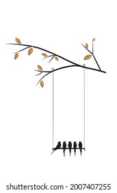 Birds on swing on branch, vector. Cute cartoon illustration isolated on white background. Natural art design. Childish wall decals, wall art, artwork. 