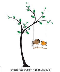 Birds on swing on tree, vector. Cute birds silhouettes in love. Tree illustration in spring. Wall artwork, cartoon art design. Colorful childish poster design
