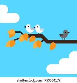 Birds on a tree branch in fall season, flat design cute vector illustration.