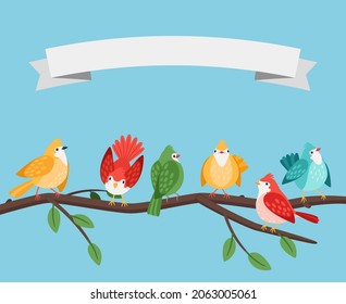Birds on tree branch. Foliage branches bird set spring poster tenplate, robin canary sparrow tit goldfinch birdie on ramification children vector blue image