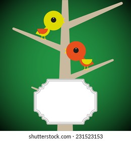 Birds on tree branch with frame for text. Vector illustration 