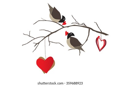 Birds on the tree branch and hearts valentine card