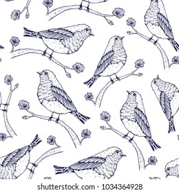 Birds on a tree branches seamless pattern over white. Vector illustration