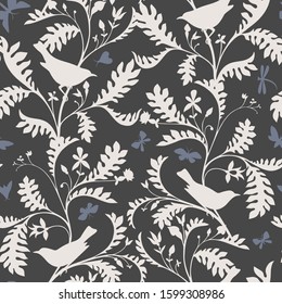 Birds on the tree branches. Seamless pattern. Animal silhouettes in vintage style. Nature motif with small birds, boughs with leaves. Textile fashion design for fabric, kids, child and nursery room.