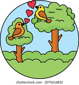 Birds on tree Concept, Parrot on Branch on Grassland Vector Icon Design, Nature Love Symbol, Artistic landforms Scenes Sign, Heart in nature Stock illustration, Beautiful Landscape View in Circular