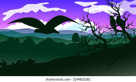Birds on the tree. forest on the mountain