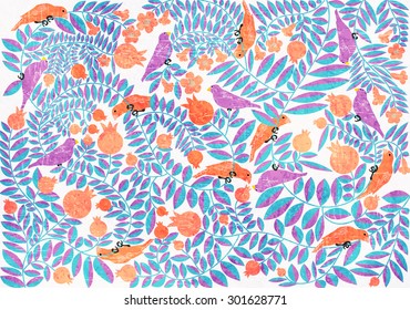 Birds on a tree with fruits and flowers. Paper texture vector graphic