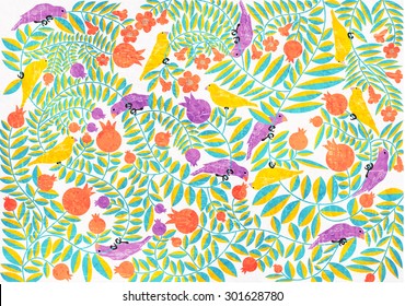 Birds on a tree with fruits and flowers. Paper texture vector graphic
