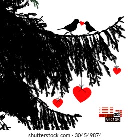 Birds on the tree with hearts. Vector