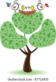 Birds on the tree with nestling.Vector illustration