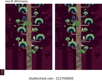 birds on the tree red background game find 10 differences butterflies bugs leaves