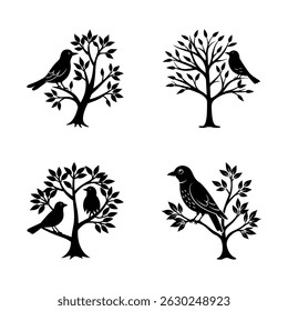 Birds on Tree Silhouette Vector Illustration Set