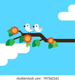 Birds on a tree in spring, branch with flowers and leaves, flat design vector illustration