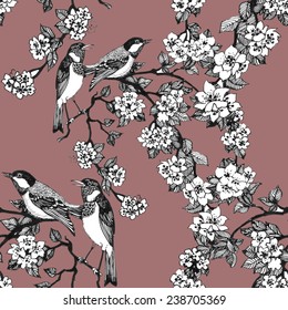 Birds on tree spring twigs Seamless pattern on brown background vector illustration