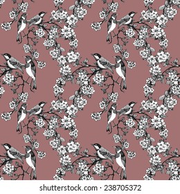 Birds on tree spring twigs Seamless pattern on brown background vector illustration