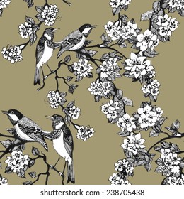 Birds on tree spring twigs Seamless pattern on beige background vector illustration