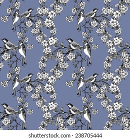 Birds on tree spring twigs Seamless pattern on violet background vector illustration