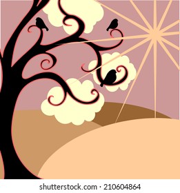 birds on a tree at sunrise