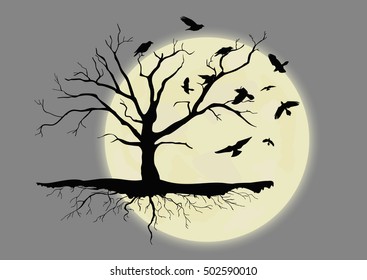 Birds on the tree under a moonlit sky. Flat vector illustration