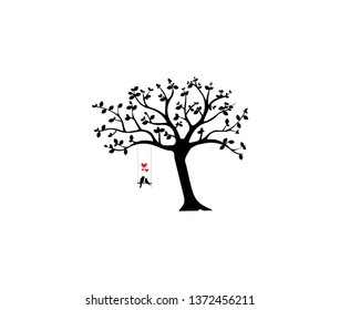 Birds on tree vector, Wall Decor, Birds Couple Silhouette, Birds on swing on tree, Wall Decals, love, Wall Art, Art Decor. Birds Silhouette isolated on white background. Romance, romantic 