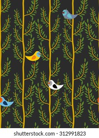 Birds on trees seamless pattern. Vector  background of forest with bird on branches. Night forest
