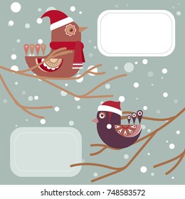 Birds on twigs during a snowfall with shape for text