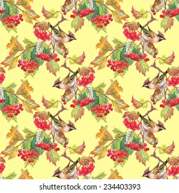 Birds on viburnum branch seamless pattern on yellow background vector illustration 