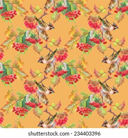 Birds on viburnum branch seamless pattern on orange background vector illustration 