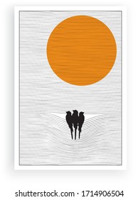 Birds on window blinds on sunset, Vector. Birds Silhouettes. Minimalist poster design, banner design. Three Birds on Wire, Wall Art Decor, Wall Decals isolated on white background 