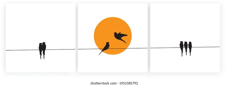 Birds On Wire And Flying Bird Silhouette On Sunset, Vector. Scandinavian Minimalism Art Design. Birds Illustration Isolated On White Background. Wall Art, Artwork, Poster Design. Freedom Concept