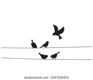 Birds on wire and flying bird silhouette isolated on white background, vector illustration. Wall decals, wall art work. Scandinavian minimalist poster design 