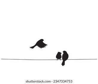 Birds on wire and flying bird silhouette isolated on white background, vector illustration. Wall decals, wall art work. Scandinavian minimalist poster design