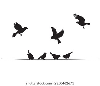 Birds on wire and flying bird silhouette isolated on white background, vector illustration. Wall decals, wall art work. Scandinavian minimalist poster design 