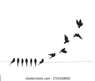 Vögel auf Draht und fliegende Vögel Silhouetten, Vektorgrafik. Skandinavisches Minimalismus Kunstdesign. Vogelgrafik einzeln auf weißem Hintergrund. Wandkunst, Kunstwerke, Plakatdesign. Freiheitskonzept