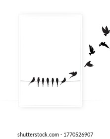 Birds on wire and flying birds silhouettes, vector. Scandinavian minimalism art design. Birds illustration isolated on white background. Wall art, artwork, poster design. Freedom concept