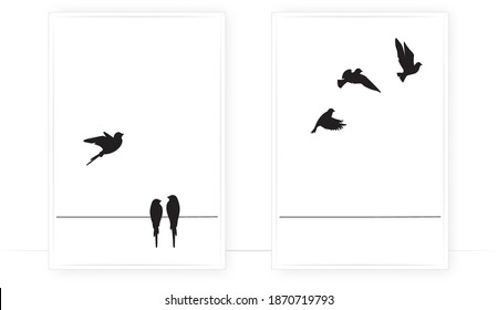 Birds on wire and flying birds silhouettes, vector. Scandinavian minimalism poster design. Birds illustration isolated on white background. Wall art, artwork, poster design. Freedom concept