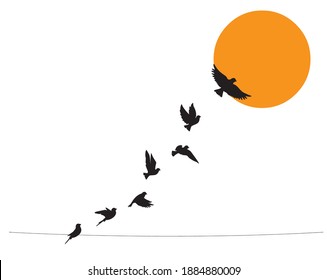 Birds on wire and flying birds silhouettes on sunset, vector. Scandinavian minimalism art design. Birds illustration isolated on white background. Wall art, artwork, poster design. Freedom concept