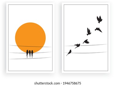 Vögel auf Draht und fliegende Vögel Silhouetten auf Sonnenuntergang, Vektorgrafik. Skandinavisches Minimalismus Kunstdesign. Vogelgrafik einzeln auf weißem Hintergrund. Wandkunst, Kunstwerke, Plakatdesign. Freiheitskonzept