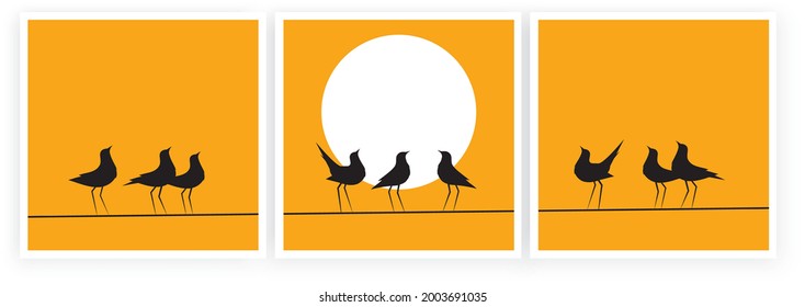 Birds on wire and flying birds silhouettes on sunset, vector. Scandinavian minimalism art design. Birds illustration isolated on white background. Wall art, artwork, poster design. Freedom concept