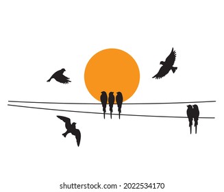 Birds on wire and flying birds silhouettes on sunset, vector. Scandinavian minimalism art design. Birds illustration isolated on white background. Wall art, artwork, poster design. Freedom concept