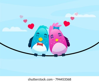 birds on wire in love hugs each other with hearts. isolated on sky blue background. vector illustration. cartoon art. greetings card concept