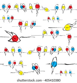 Birds On Wire Seamless Pattern Vector, Various Birds Silhouettes Made With Ink Pen, Singing And Chirping Birds Are Marked With Different Colors. Spring Background.